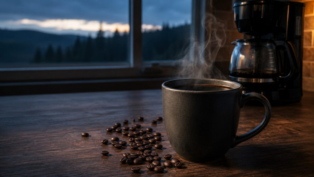 A steaming mug of black coffee sits on a wooden table beside scattered coffee beans, with a drip coffee maker in the background and a dark forest view through the window. This cozy cabin scene features the Grizzly Claw blend and fits a post about whether Kicking Horse Coffee is worth the price.