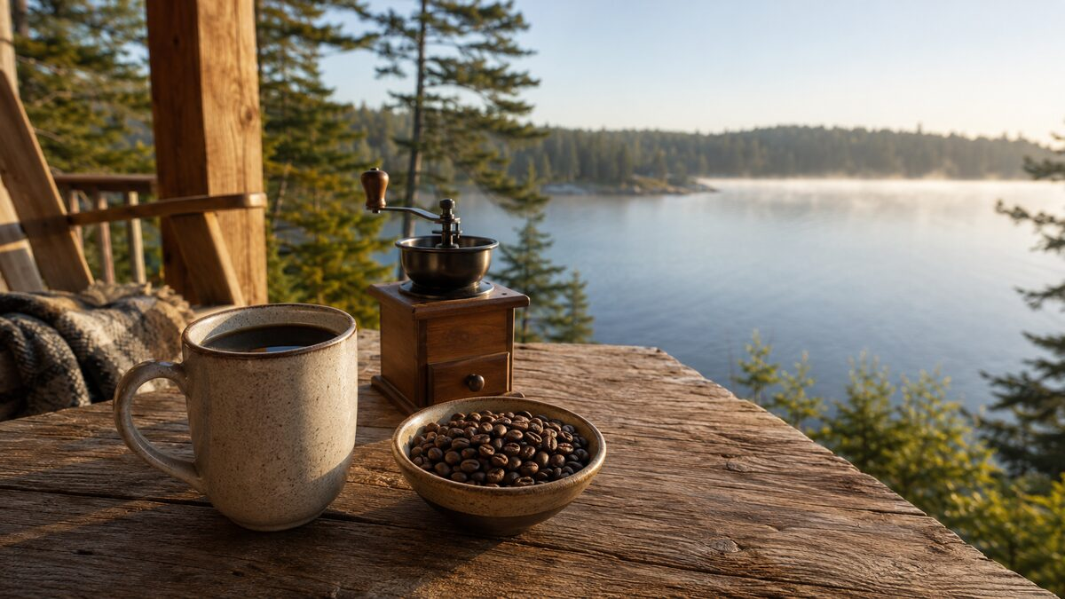 A ceramic mug of black coffee sits beside whole coffee beans and a manual grinder on a rustic wooden table overlooking a misty forest lake. The peaceful cabin setting showcases the Three Sisters blend for a Kicking Horse Coffee review.