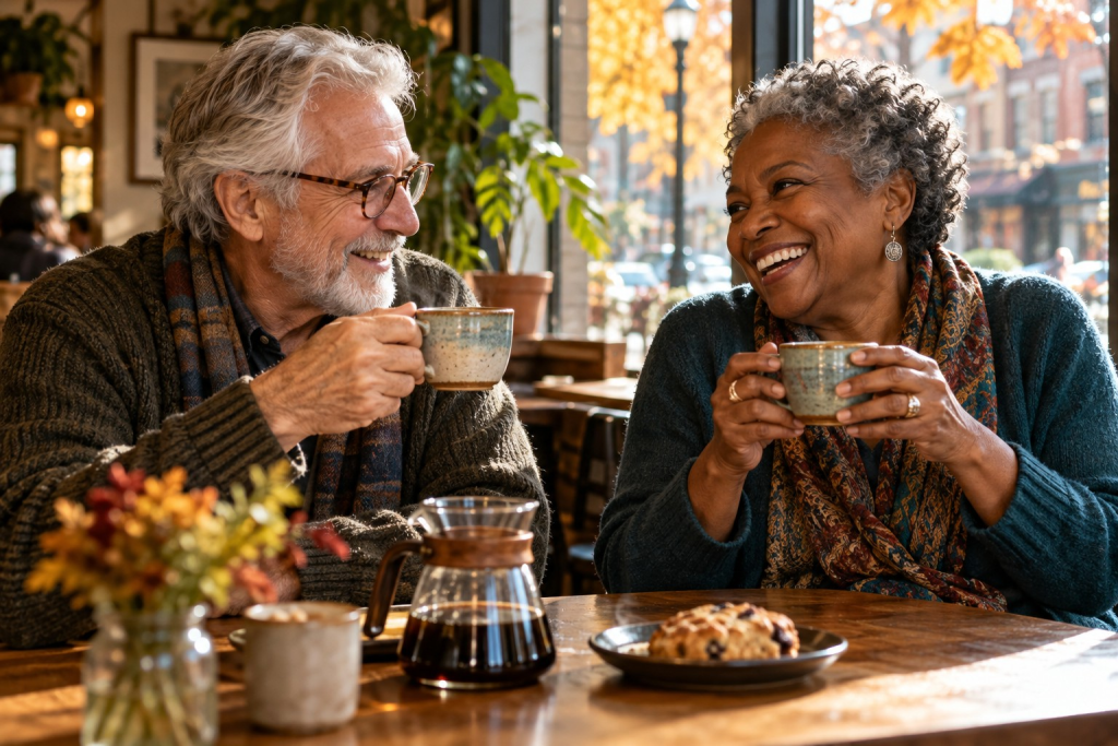 Two seniors smile and chat while enjoying coffee for older adults in a cozy cafe. A gray haired man with glasses and a woman wearing a colorful scarf hold ceramic coffee mugs beside a sunlit window overlooking autumn trees.
