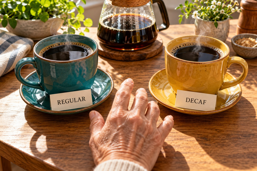 A hand reaches toward two steaming cups of coffee on a wooden table, one blue cup labeled "REGULAR" and one yellow cup labeled "DECAF." A glass carafe of brewed coffee sits behind them with small plants in the background, illustrating a choice between regular coffee and decaf for seniors.