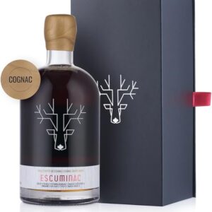 Elegant bottle of Escuminac maple syrup infused with cognac, featuring a minimalist deer head design and packaged in a sleek black gift box with a red ribbon. The label highlights it as organic, Grade A Canadian syrup, making it ideal for cozy Canadian winter drinks.