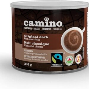 Alt text: Canister of Camino Original Dark Hot Chocolate with bilingual labeling in English and French, highlighting it as an organic fair trade hot chocolate made with powdered milk. The packaging features certification logos for Fairtrade and Canadian organic standards, along with an image of a steaming cup of hot chocolate.