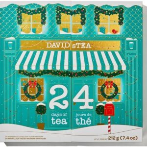 Festive David’s Tea advent calendar designed like a teal storefront decorated with wreaths, garlands, and gold foil accents, labeled “24 days of tea” in English and French. The box contains 24 loose leaf holiday tea blends, perfect for counting down to Christmas.