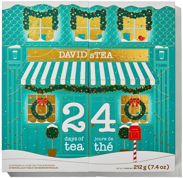 Festive David’s Tea advent calendar designed like a teal storefront decorated with wreaths, garlands, and gold foil accents, labeled “24 days of tea” in English and French. The box contains 24 loose leaf holiday tea blends, perfect for counting down to Christmas.