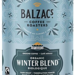 Light blue tin of Balzac’s Coffee Roasters Organic Winter Blend, labeled as 100% Canadian roasted and 100% Arabica. The dark roast features seasonal coffee flavours including dried berries, smoked almond, and dark chocolate, and displays both English and French descriptions along with a Fairtrade logo