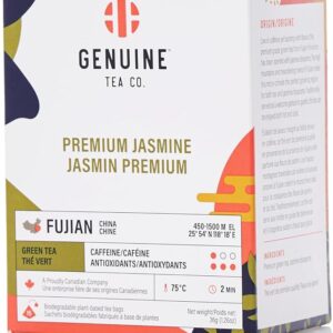 Box of Genuine Tea Co.'s Premium Jasmine green tea, featuring elegant floral designs and bilingual text, highlighting its origin from Fujian, China and its Canadian branding. The packaging notes biodegradable tea bags and antioxidant benefits, making it a thoughtful pick for a Canadian holiday gift guide