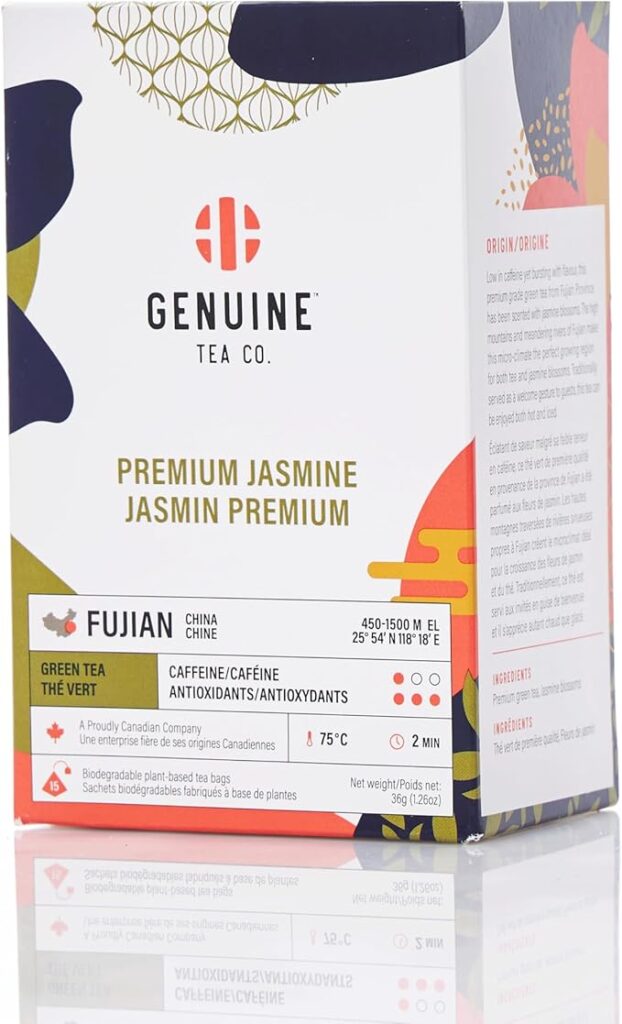 Box of Genuine Tea Co.'s Premium Jasmine green tea, featuring elegant floral designs and bilingual text, highlighting its origin from Fujian, China and its Canadian branding. The packaging notes biodegradable tea bags and antioxidant benefits, making it a thoughtful pick for a Canadian holiday gift guide
