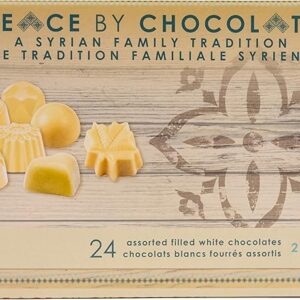 Box of Peace by Chocolate assorted filled white chocolates, featuring elegant gold and cream-toned packaging with bilingual text and a decorative motif. These artisan treats, rooted in a Syrian family tradition, pair beautifully with coffee, making them a thoughtful addition to holiday coffee gift ideas.