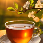 Clear glass teacup filled with amber-colored tea sits on a white saucer atop a wooden surface, with blooming white flowers and glowing sunlight in the background. Warm morning light and natural setting evoke a cozy, gift-worthy moment perfect for the "12 Days of Canadian Christmas Gifts for Coffee and Tea Lovers" theme.