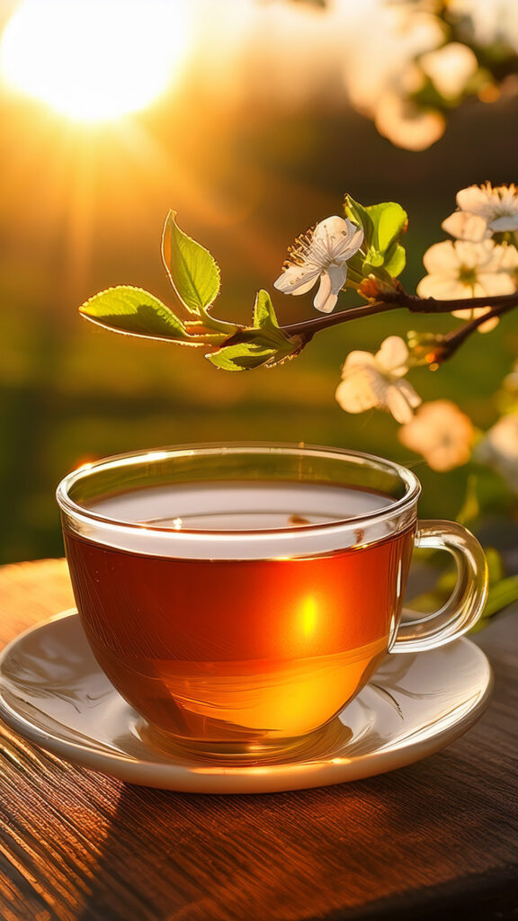 Clear glass teacup filled with amber-colored tea sits on a white saucer atop a wooden surface, with blooming white flowers and glowing sunlight in the background. Warm morning light and natural setting evoke a cozy, gift-worthy moment perfect for the "12 Days of Canadian Christmas Gifts for Coffee and Tea Lovers" theme.
