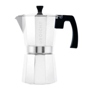 Silver stovetop espresso maker by Grosche with a black handle and knob, featuring the brand name etched on the side. This Canadian-made coffee product offers a classic way to brew rich espresso at home.