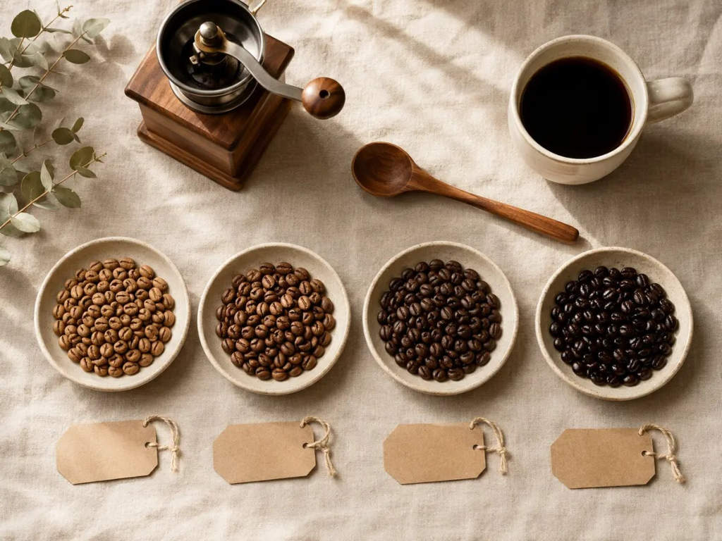 Four bowls show coffee beans progressing from light to dark roast beside blank tasting tags. A wooden hand grinder and a cup of black coffee complete the locally roasted coffee tasting setup.