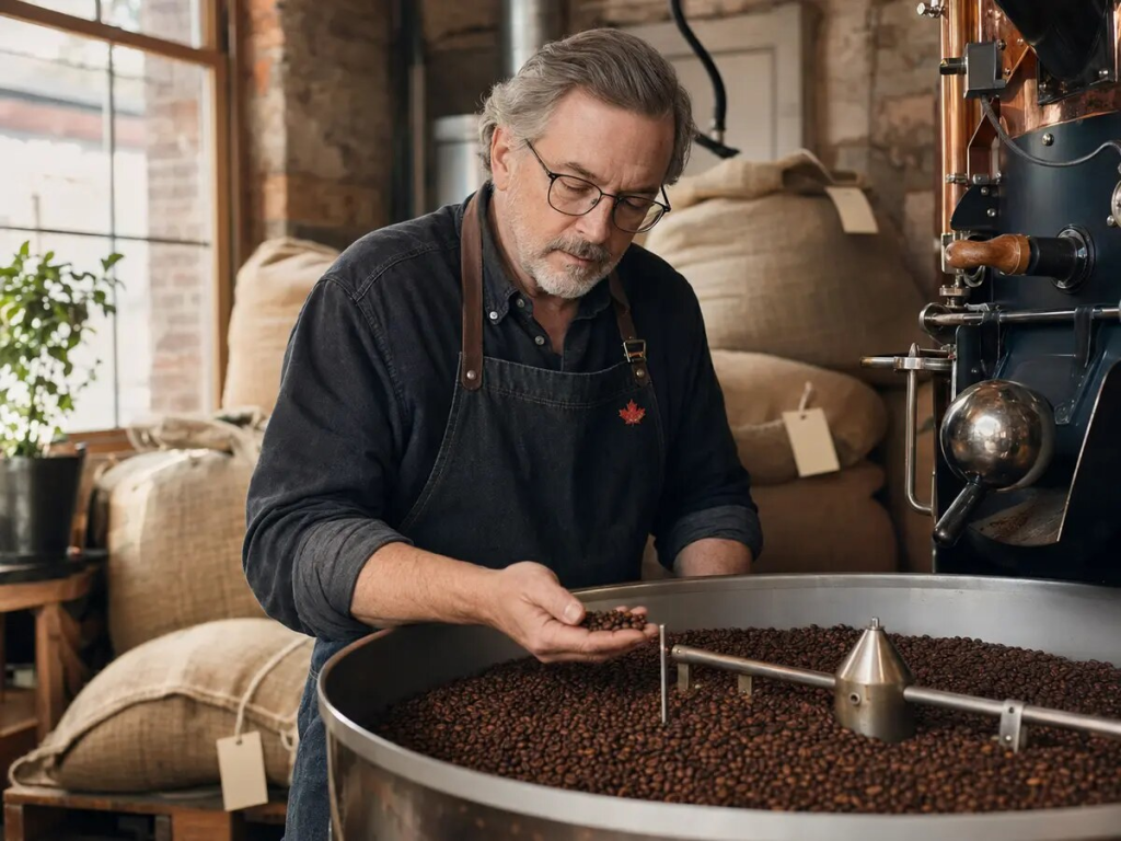 A gray haired man prepares to taste two cups of black coffee at a wooden kitchen table. A hand grinder and two plain coffee bags sit beside him while a Canadian flag outside reinforces the focus on Canadian coffee roasters.