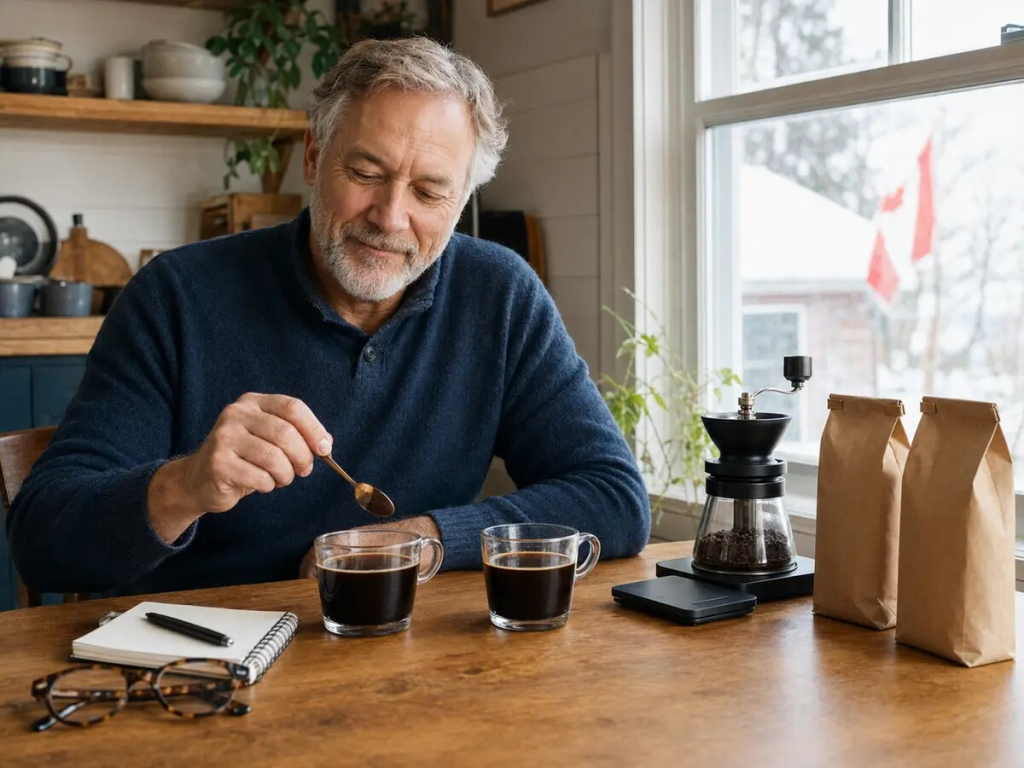 A coffee roaster wearing glasses and a dark apron with a red maple leaf checks freshly roasted beans cooling in a large metal tray. Burlap sacks and an industrial roasting machine show the small batch production behind Canadian coffee brands.