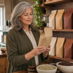 A woman with gray hair examines a plain paper bag of coffee roasted in Canada. Colorful coffee bags line wooden shelves behind her while bowls of green and roasted coffee beans sit on the counter.