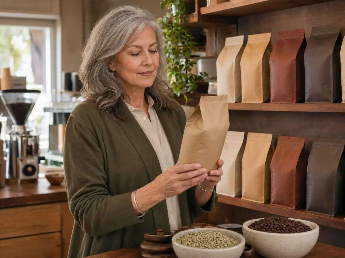 A woman with gray hair examines a plain paper bag of coffee roasted in Canada. Colorful coffee bags line wooden shelves behind her while bowls of green and roasted coffee beans sit on the counter.