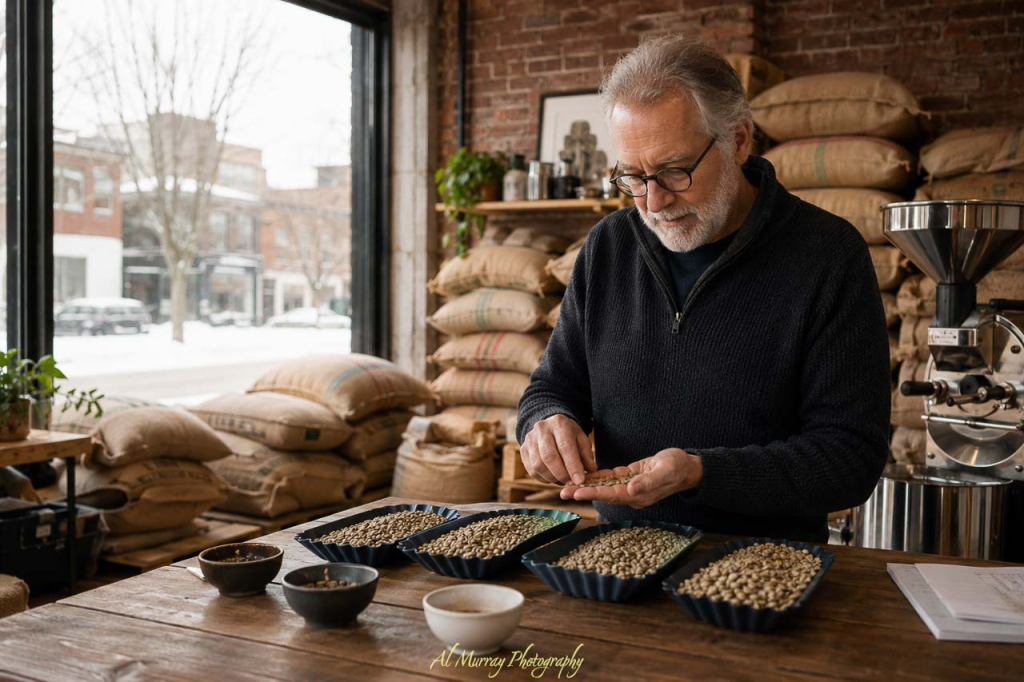 A coffee roaster inspects green coffee beans by hand at a wooden table with several trays of unroasted beans. Burlap coffee sacks and roasting equipment surround him showing the hands on bean selection process used by Canadian coffee roasters.