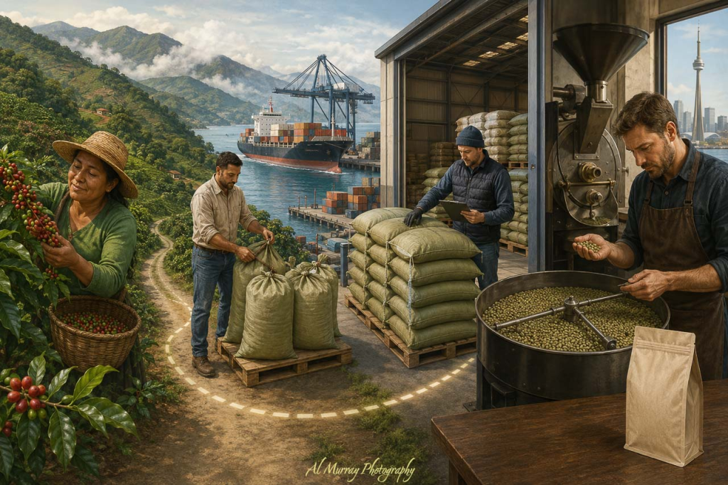 A split scene follows coffee from cherries being harvested on a mountain farm to sacks being shipped by cargo vessel and inspected in a Canadian warehouse before roasting. The CN Tower beside the roastery connects the supply chain to coffee importers in Canada and shows how green coffee beans travel from origin to Canadian roasters.