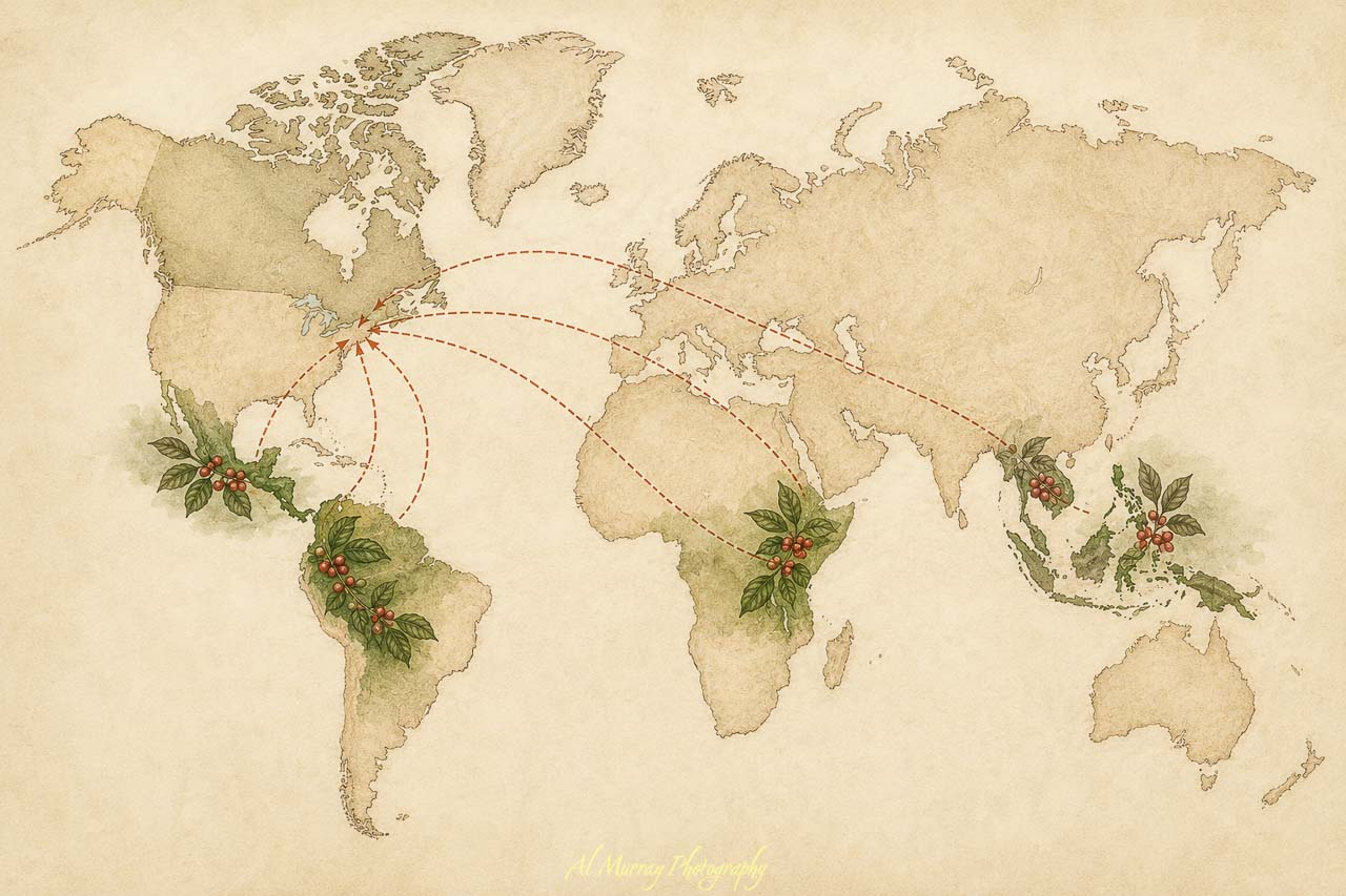 A vintage style world map shows coffee growing regions in Central and South America. Africa. and Southeast Asia with dashed routes converging on Canada. Coffee branches with red cherries mark the producing regions and illustrate where Canadian coffee roasters get their beans.