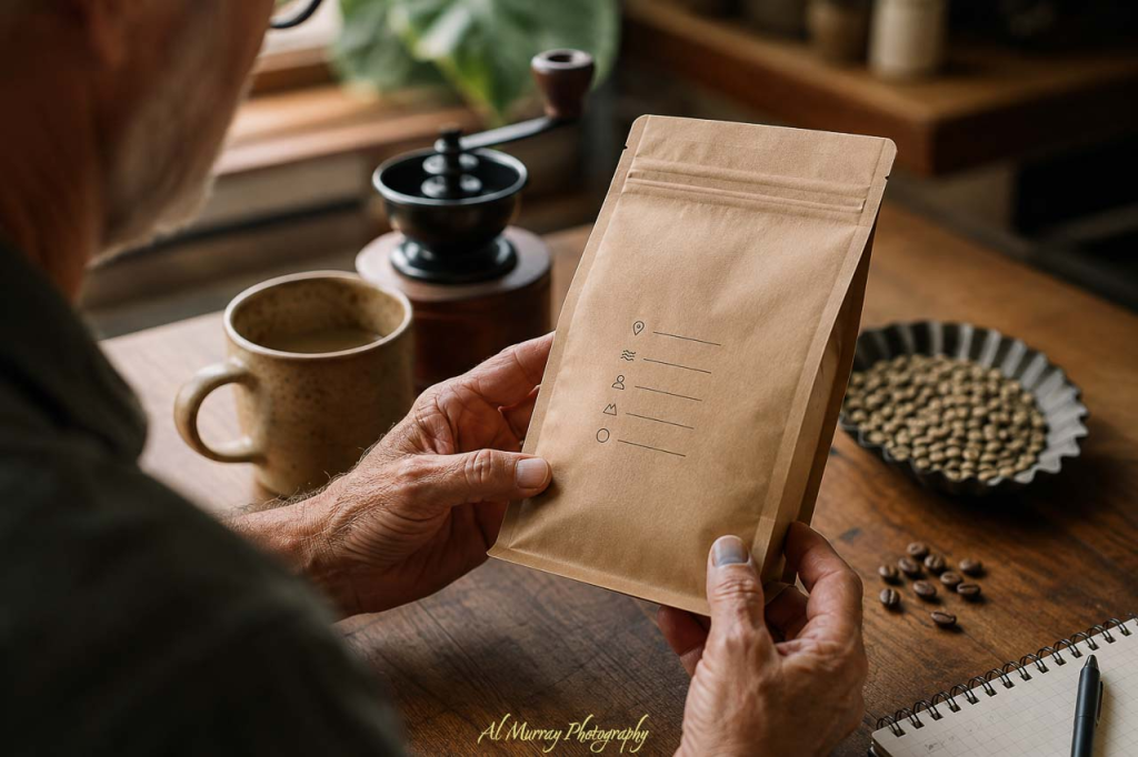 A person holds a plain kraft coffee bag with simple icons for origin details while sitting at a table with a mug. coffee grinder. green coffee beans. and a notebook. The packaging highlights how Canadian coffee roasters share sourcing information to show where their beans come from.