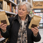 An older woman compares a bag of whole coffee beans with a bag of ground coffee in a grocery store aisle marked "Coffee". Shelf price tags beside the products suggest she is weighing whole bean vs ground coffee cost while shopping.