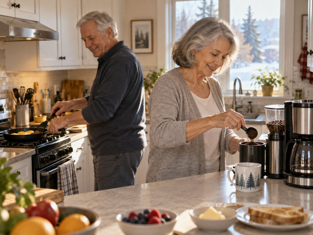 An older woman scoops ground coffee into a coffee maker while an older man cooks breakfast behind her in a bright home kitchen. A container of coffee beans beside the grinder and brewer helps illustrate whole bean vs ground coffee in an everyday morning routine