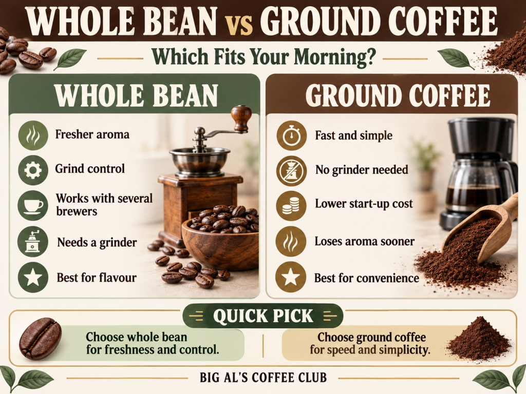 Coffee comparison infographic titled "WHOLE BEAN vs GROUND COFFEE" with the question "Which Fits Your Morning?" and side by side photos of coffee beans with a grinder and ground coffee beside a drip brewer. The whole bean section reads "WHOLE BEAN" "Fresher aroma" "Grind control" "Works with several brewers" "Needs a grinder" and "Best for flavour" while the ground coffee section reads "GROUND COFFEE" "Fast and simple" "No grinder needed" "Lower start-up cost" "Loses aroma sooner" and "Best for convenience". A "QUICK PICK" section helps answer whether whole bean coffee is better than ground with "Choose whole bean for freshness and control." and "Choose ground coffee for speed and simplicity." followed by "BIG AL’S COFFEE CLUB".