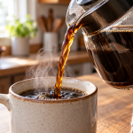 A glass coffee carafe pours steaming black coffee into a speckled ceramic mug on a sunlit kitchen counter. The freshly brewed coffee illustrates a discussion of light vs medium vs dark roast coffee.