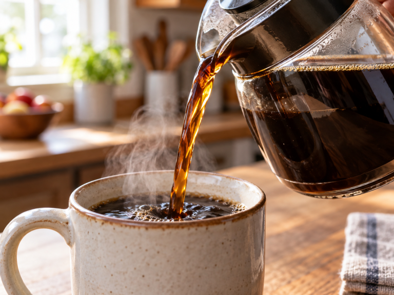 A glass coffee carafe pours steaming black coffee into a speckled ceramic mug on a sunlit kitchen counter. The freshly brewed coffee illustrates a discussion of light vs medium vs dark roast coffee.
