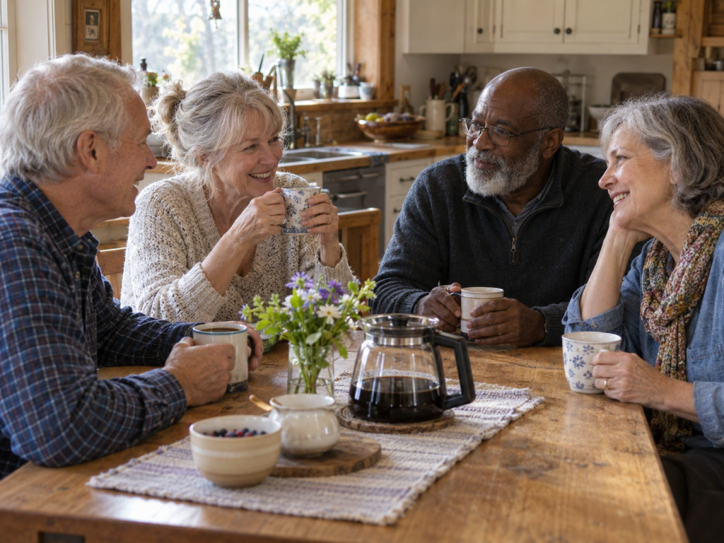 Four older adults smile and talk around a wooden kitchen table while holding mugs of coffee. A glass carafe of brewed coffee sits in the center of the table as part of a discussion about the best coffee roast for drip coffee maker use