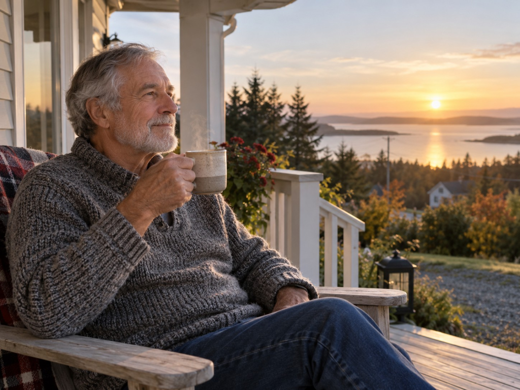 An older man in a gray sweater holds a steaming mug of coffee while relaxing on a porch overlooking calm water and a low golden sun. The peaceful coffee ritual reflects the everyday enjoyment behind asking whether whole bean coffee is worth it.