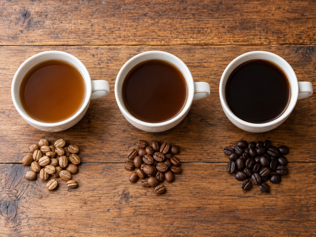 Three white cups of coffee range from light amber to medium brown to nearly black with matching piles of light medium and dark roasted beans beneath them on a wooden table. The side by side comparison shows how roast level changes the appearance of both the beans and brewed coffee to help explain how to choose a coffee roast.