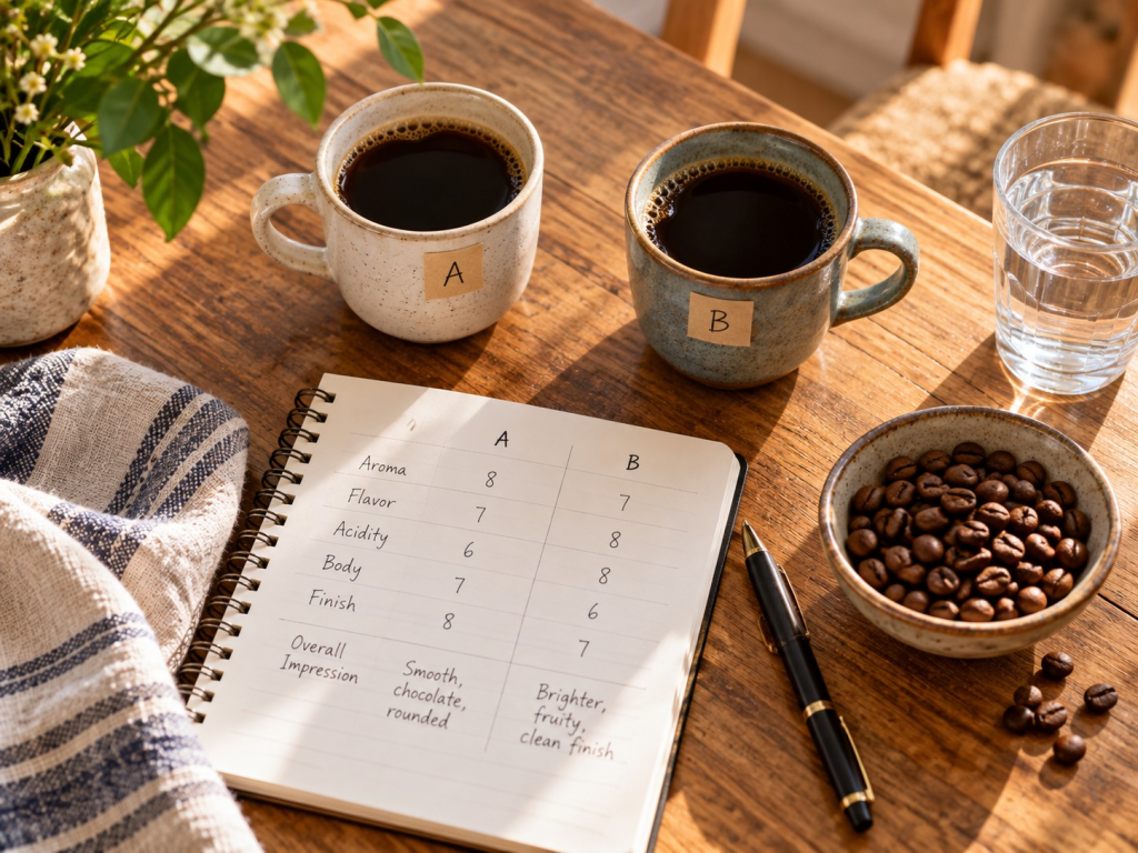 Two mugs of black coffee labeled "A" and "B" sit beside a notebook comparing aroma, flavor, acidity, body and finish as part of learning how to taste coffee like a pro. The tasting notes read "Aroma 8 7. Flavor 7 8. Acidity 6 8. Body 7 6. Finish 8 7. Overall Impression. Smooth, chocolate, rounded. Brighter, fruity, clean finish." A bowl of coffee beans, pen and glass of water complete the home coffee tasting setup.