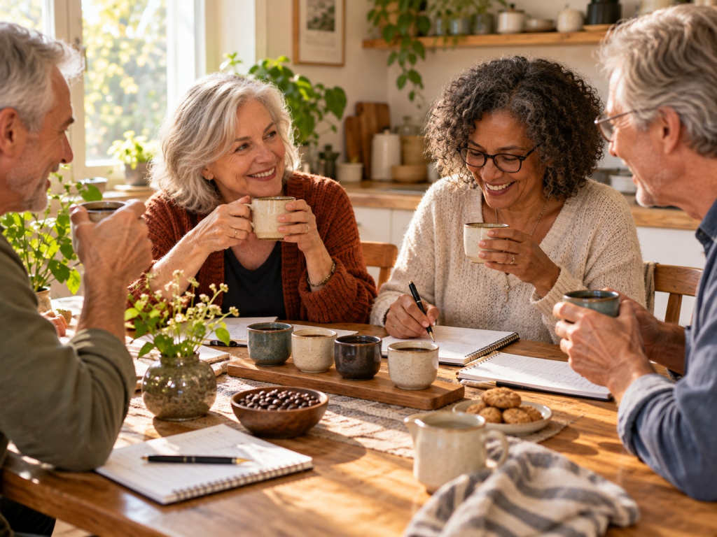 Four older adults sit around a sunlit kitchen table smiling and sipping coffee from ceramic mugs while enjoying a group coffee tasting at home. Several coffee samples, a bowl of coffee beans and open notebooks for recording tasting notes are arranged on the table as they explore how to taste coffee at home together.