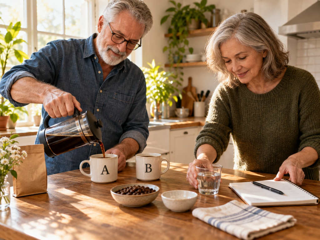 A man pours coffee into a mug labeled "A" while a woman reaches for a glass of water beside a second mug labeled "B" at a sunny kitchen table. Coffee beans, a notebook, and tasting supplies are spread out in front of them as they compare two brews in a simple coffee tasting for beginners setup.