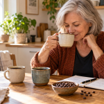 A smiling woman with silver hair and a rust colored cardigan sips coffee from a ceramic mug while comparing different cups of coffee at her kitchen table. Coffee beans and an open notebook sit in front of her as she explores how to taste coffee at home.