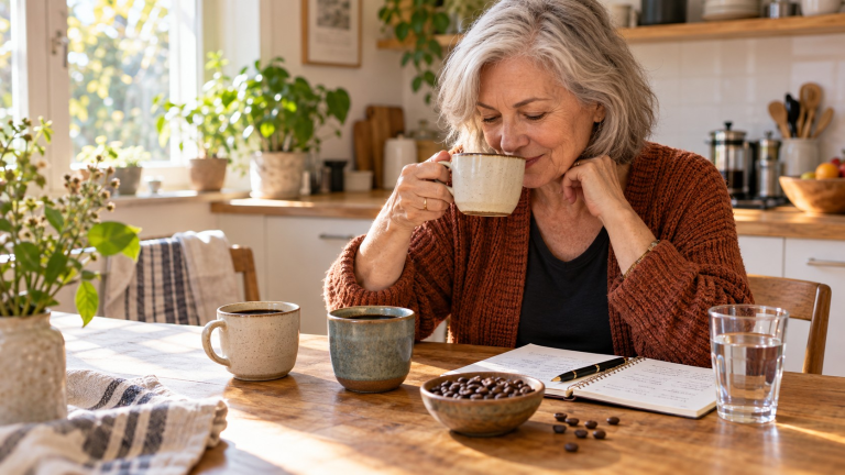 A smiling woman with silver hair and a rust colored cardigan sips coffee from a ceramic mug while comparing different cups of coffee at her kitchen table. Coffee beans and an open notebook sit in front of her as she explores how to taste coffee at home.
