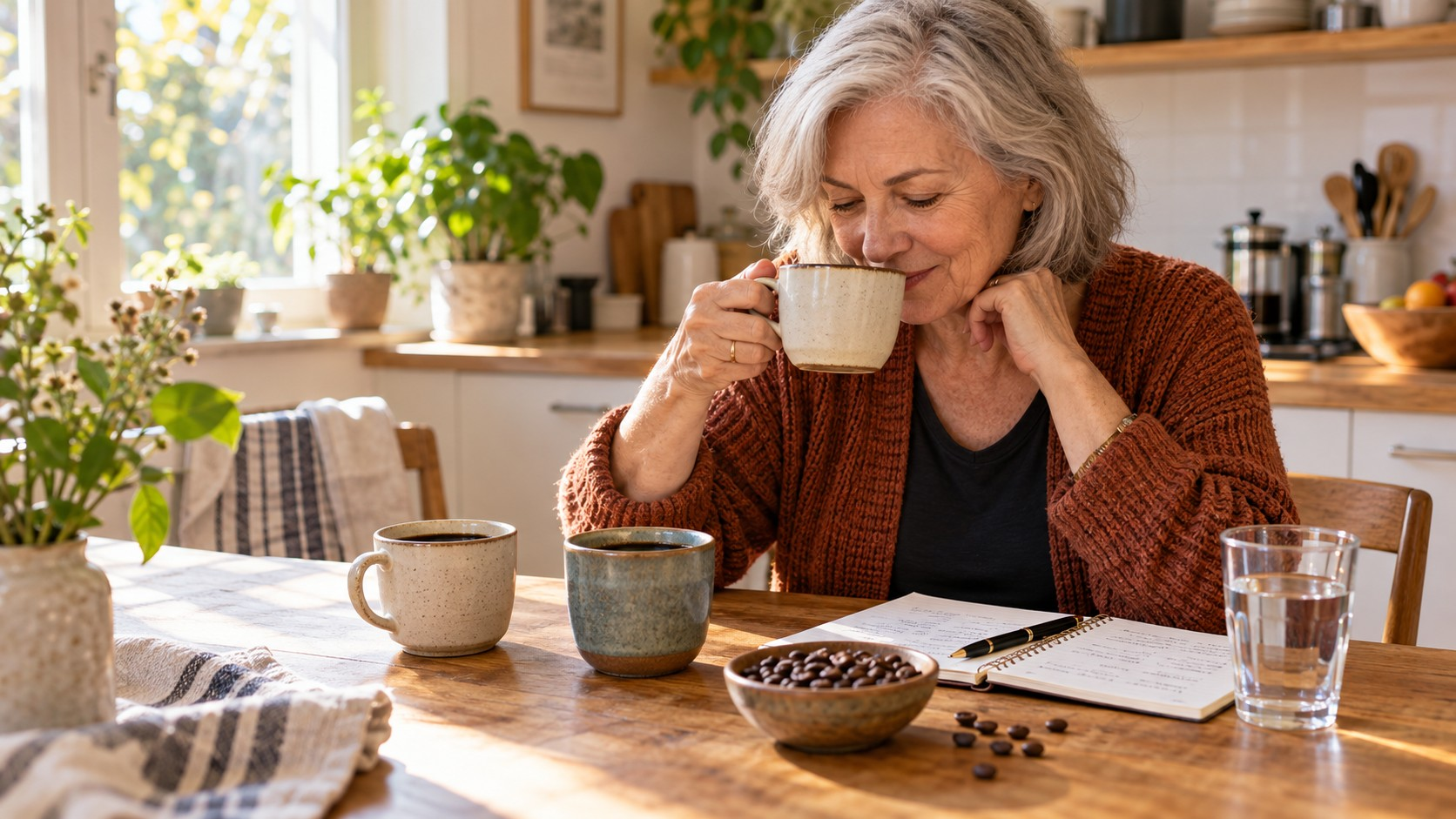A smiling woman with silver hair and a rust colored cardigan sips coffee from a ceramic mug while comparing different cups of coffee at her kitchen table. Coffee beans and an open notebook sit in front of her as she explores how to taste coffee at home.